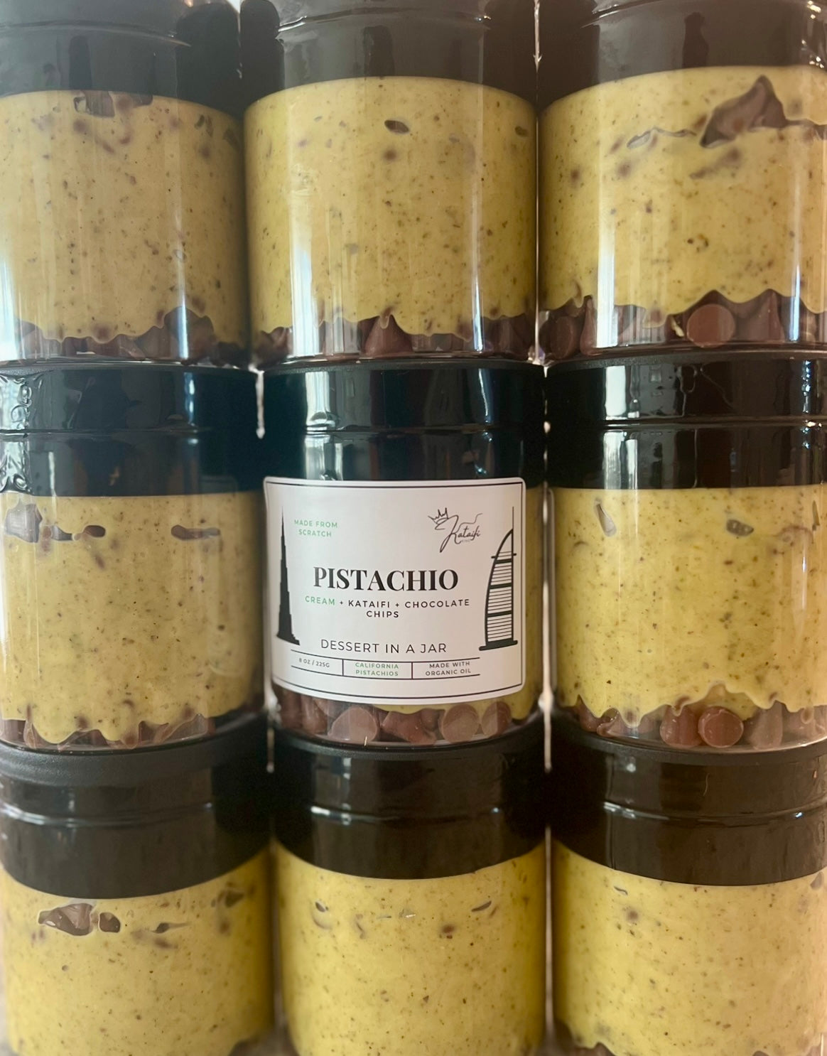 Dubai Bar in a Jar (Pistachio Cream, Kataifi, Chocolate Chips)